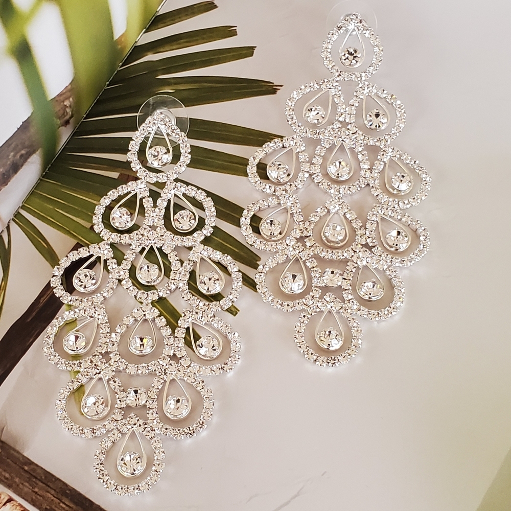 PLATINUM SILVER CZ Chandelier Earrings Waterfall Statement Bridal Wedding Bling - Picture 7 of 10